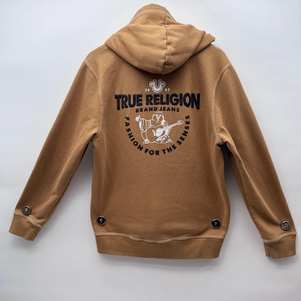True Religion Zip Up Hoodie Mens Large Brown Buddha Graphic Contrast Stitching